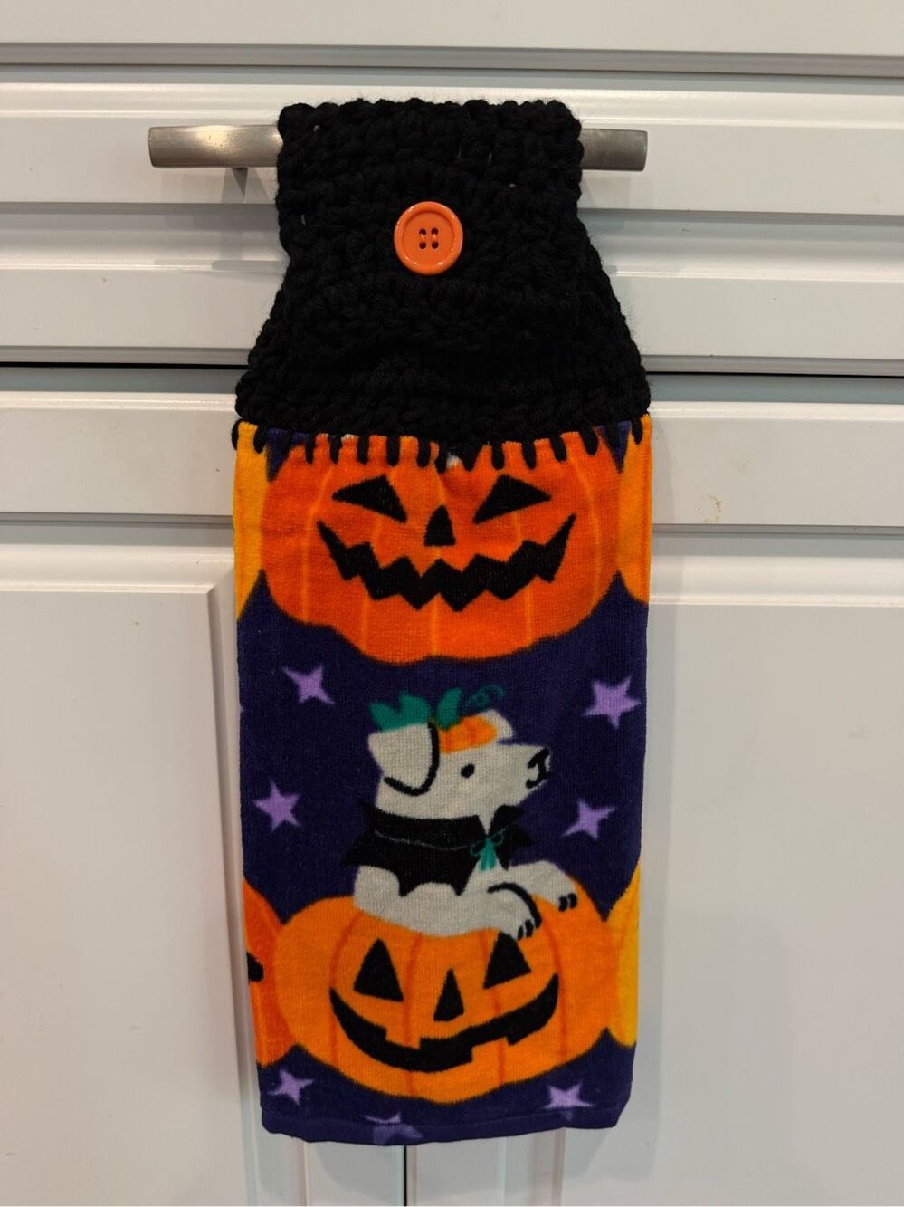 Crochet Top Kitchen Towel- Pumpkin with dog